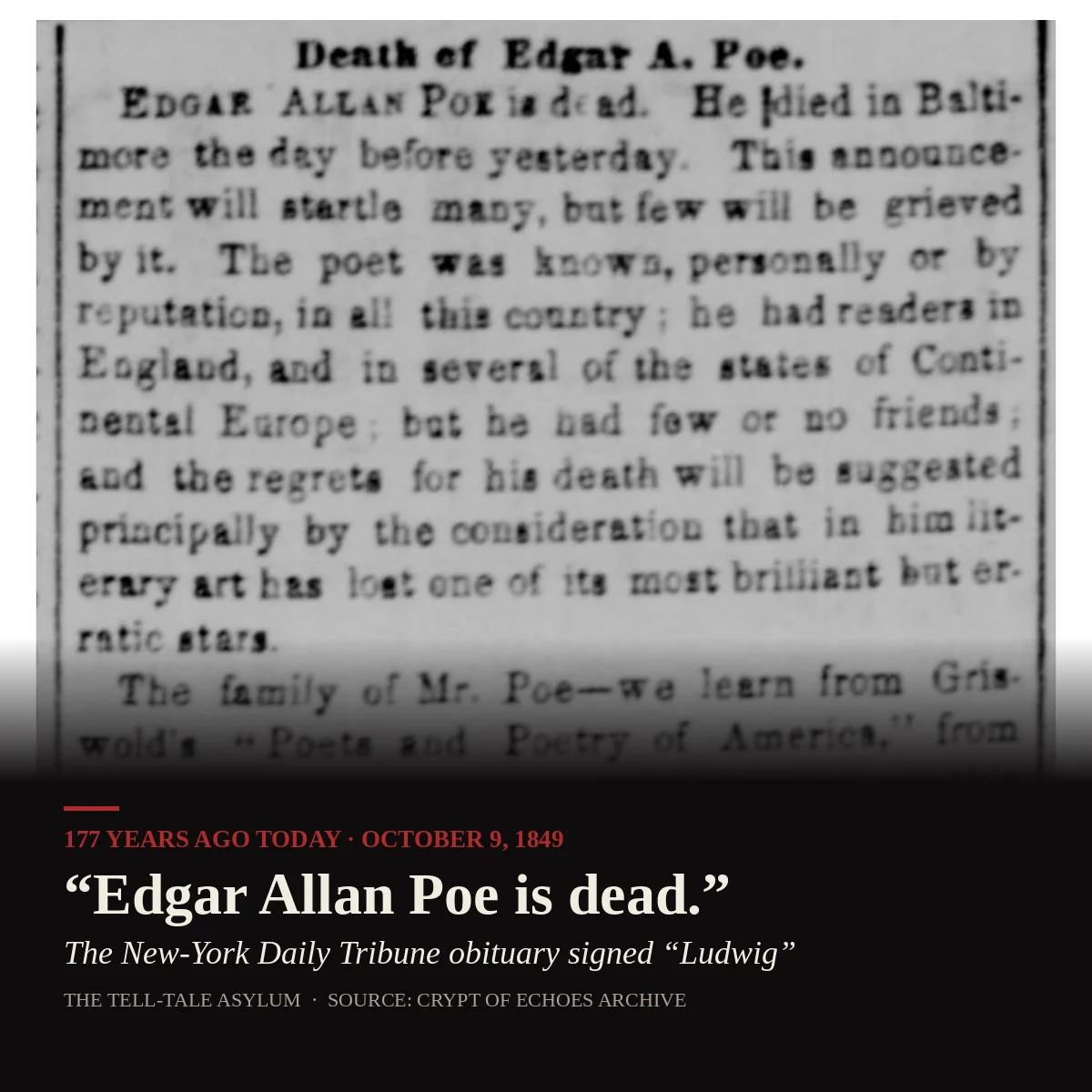 Newspaper column headed "Death of Edgar A. Poe." from the New-York Daily Tribune, 9 October 1849, beginning "Edgar Allan Poe is dead. He died in Baltimore the day before yesterday."