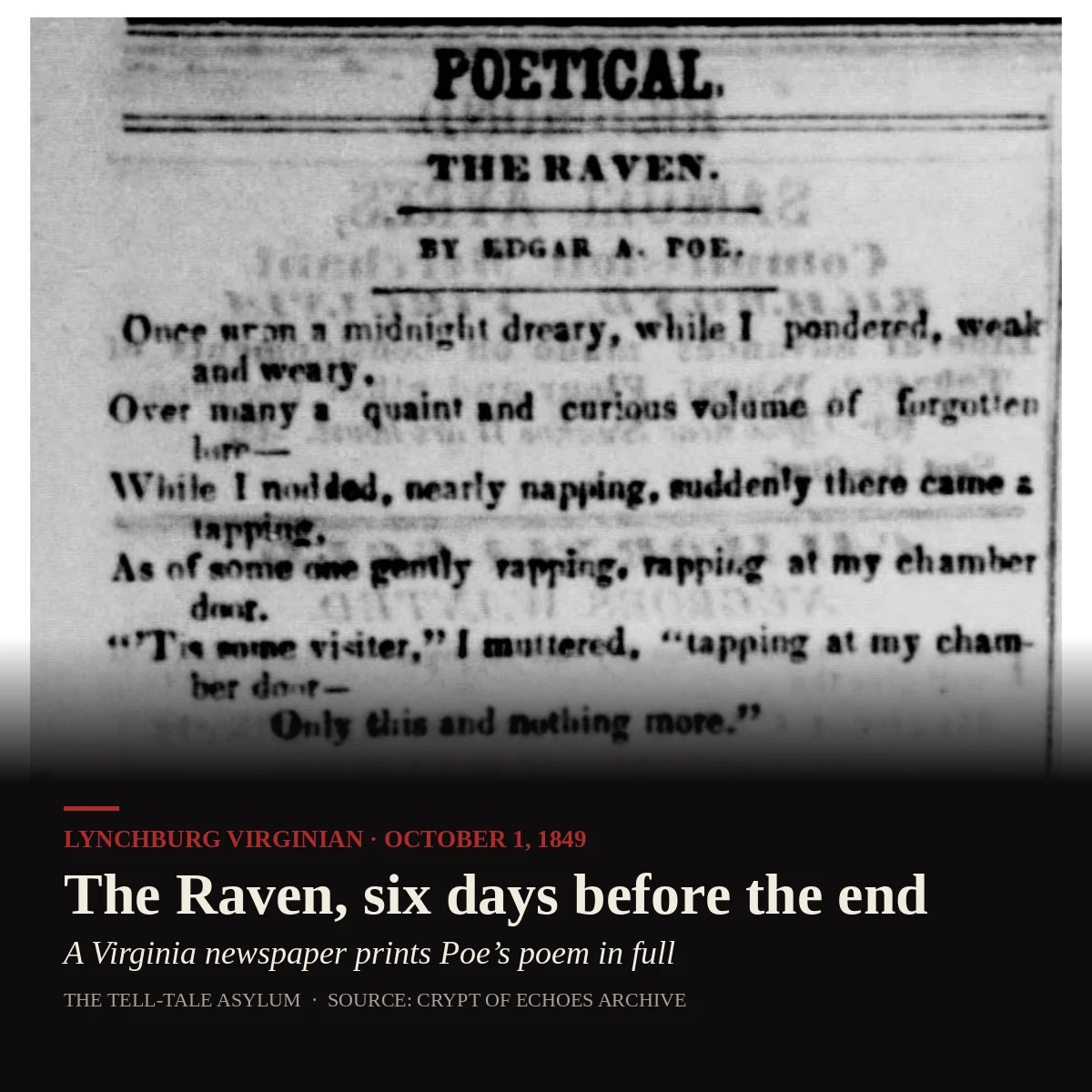 Newspaper page headed "Poetical. The Raven. By Edgar A. Poe." from the Lynchburg Virginian, 1 October 1849.