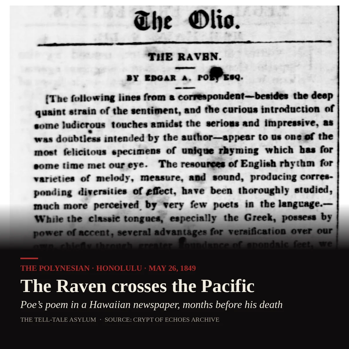 Newspaper column headed "The Olio. The Raven. By Edgar A. Poe, Esq." from The Polynesian, Honolulu, 26 May 1849.