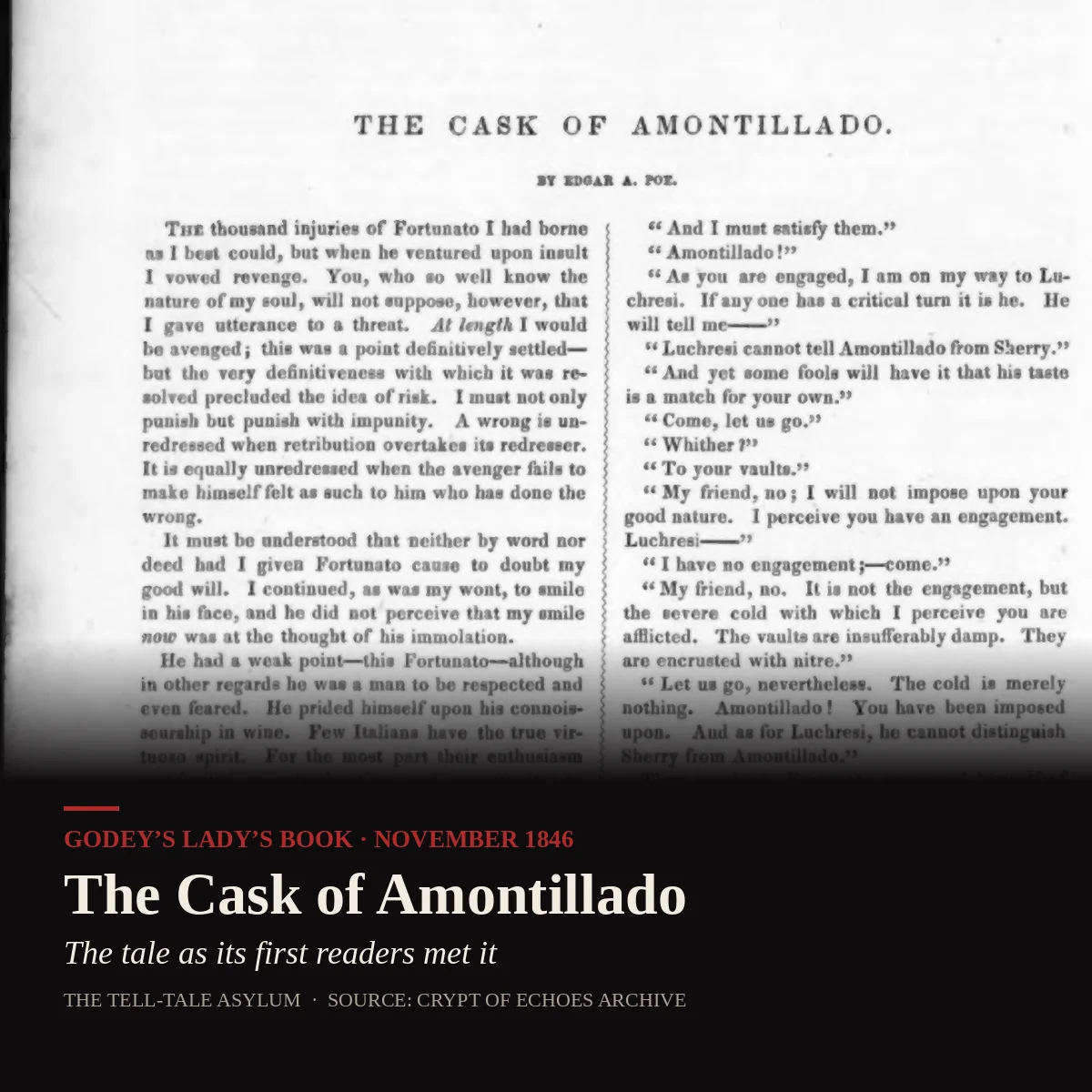 Page from Godey's Magazine and Lady's Book, November 1846, headed "The Cask of Amontillado. By Edgar A. Poe," printed in two columns.
