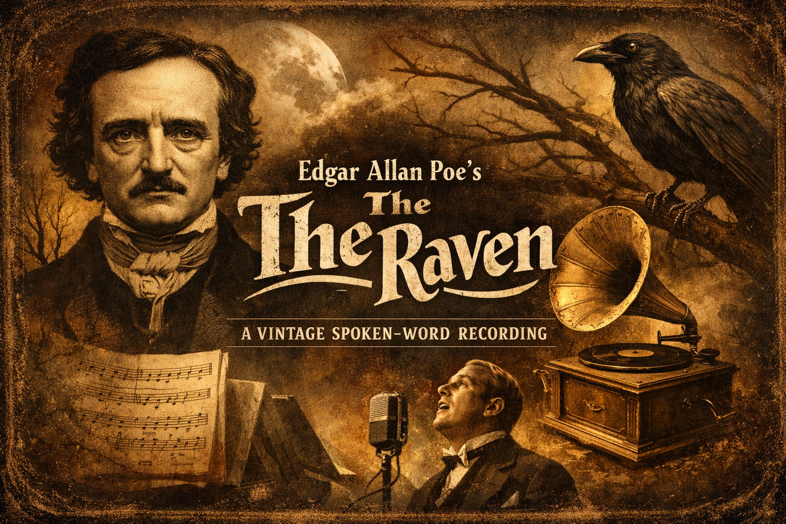 Vintage illustration showing Edgar Allan Poe, a raven, and an early spoken-word recording performance of The Raven with gramophone and microphone imagery