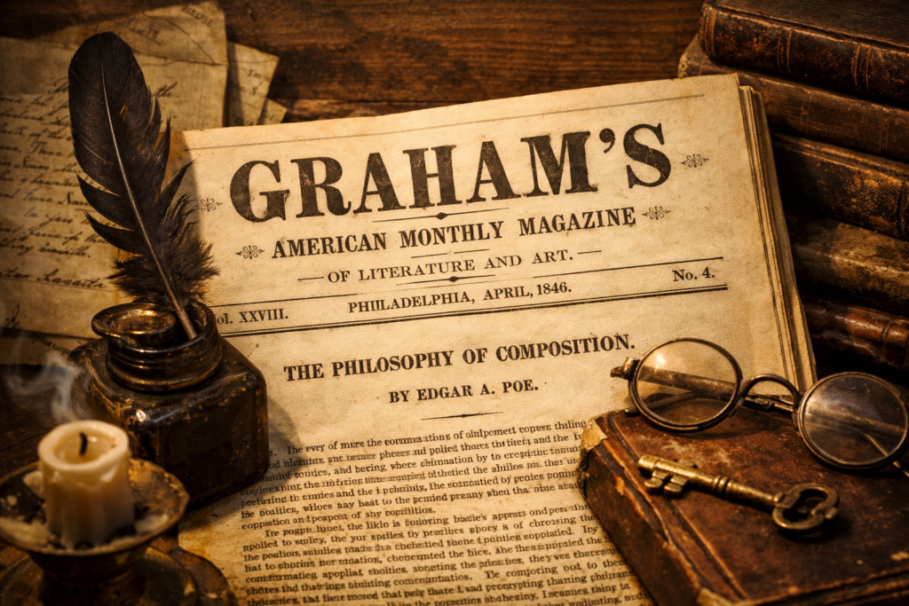 April 1846 issue of Graham’s American Monthly Magazine of Literature and Art showing the masthead and Edgar Allan Poe’s essay “The Philosophy of Composition”