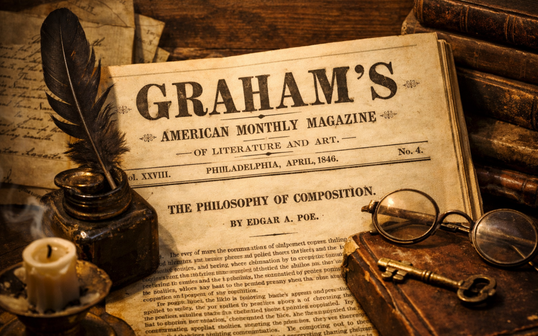 April 1846 issue of Graham’s American Monthly Magazine of Literature and Art showing the masthead and Edgar Allan Poe’s essay “The Philosophy of Composition”