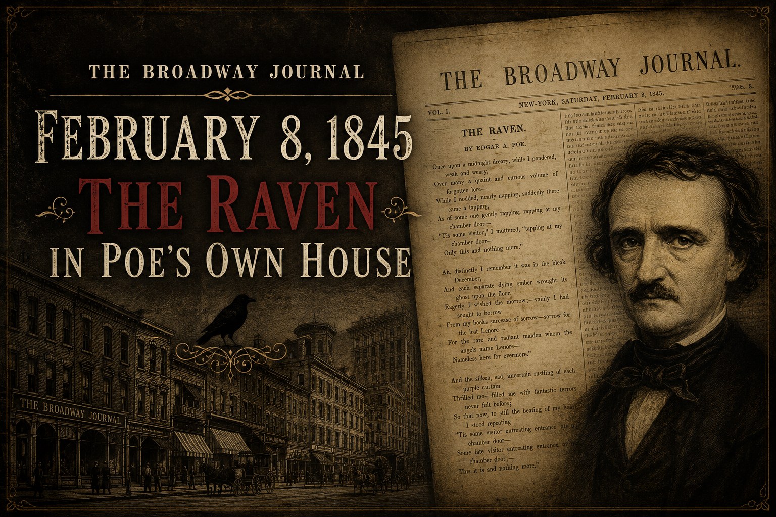 Broadway Journal, Vol. I, No. 6, February 8, 1845 — page 90, showing The Raven under Original Poetry heading