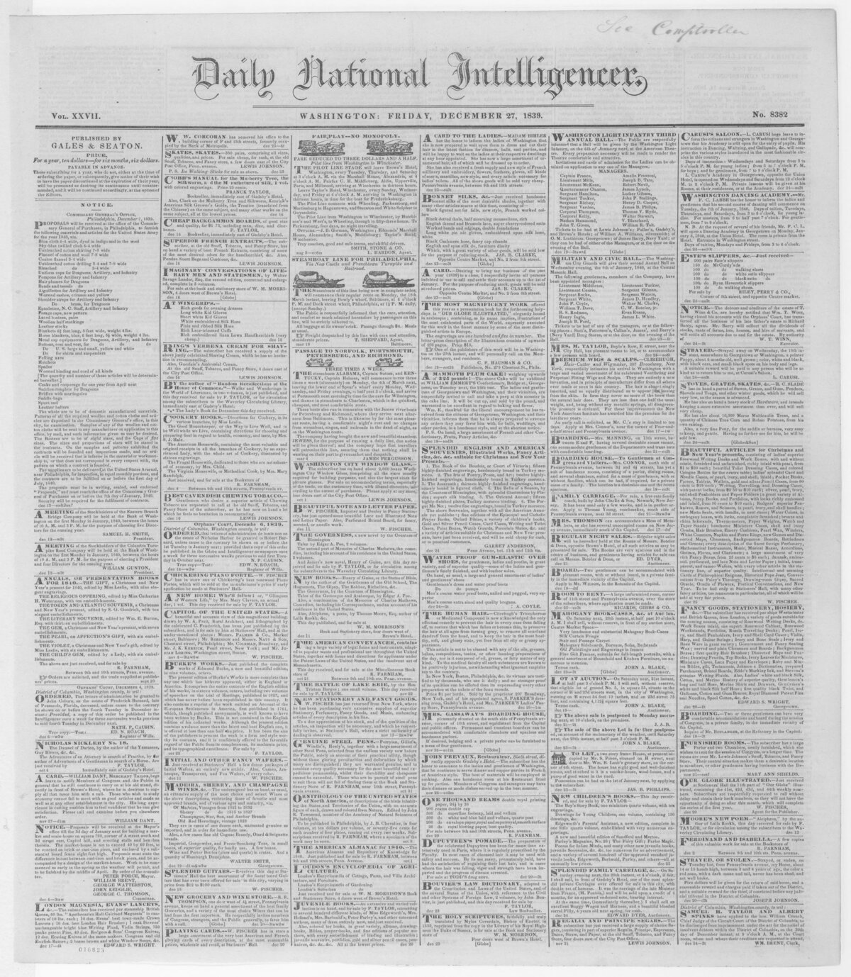Front page of the Daily National Intelligencer, Washington D.C., December 27, 1839, containing a bookseller advertisement for Edgar Allan Poe's Tales of the Grotesque and Arabesque published by Lea and Blanchard of Philadelphia